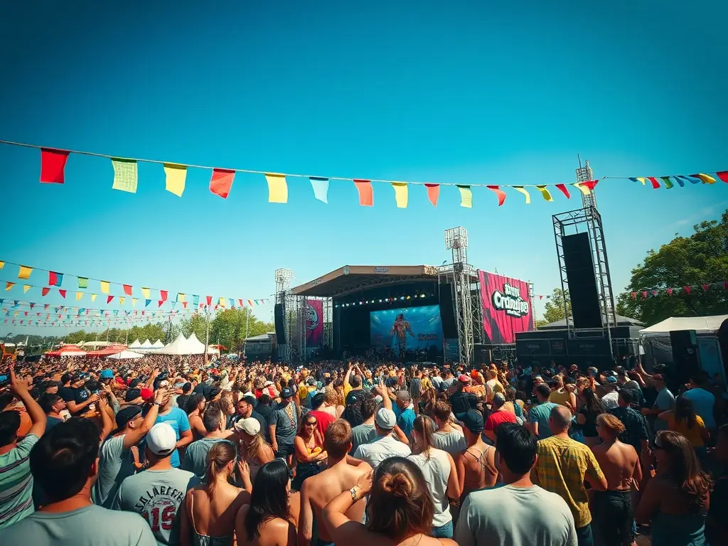 A dynamic image of a lively outdoor community event, with people dancing, local musicians performing on a small stage, and colorful decorations, capturing the festive spirit of a FESTIVILLAGE cultural event.