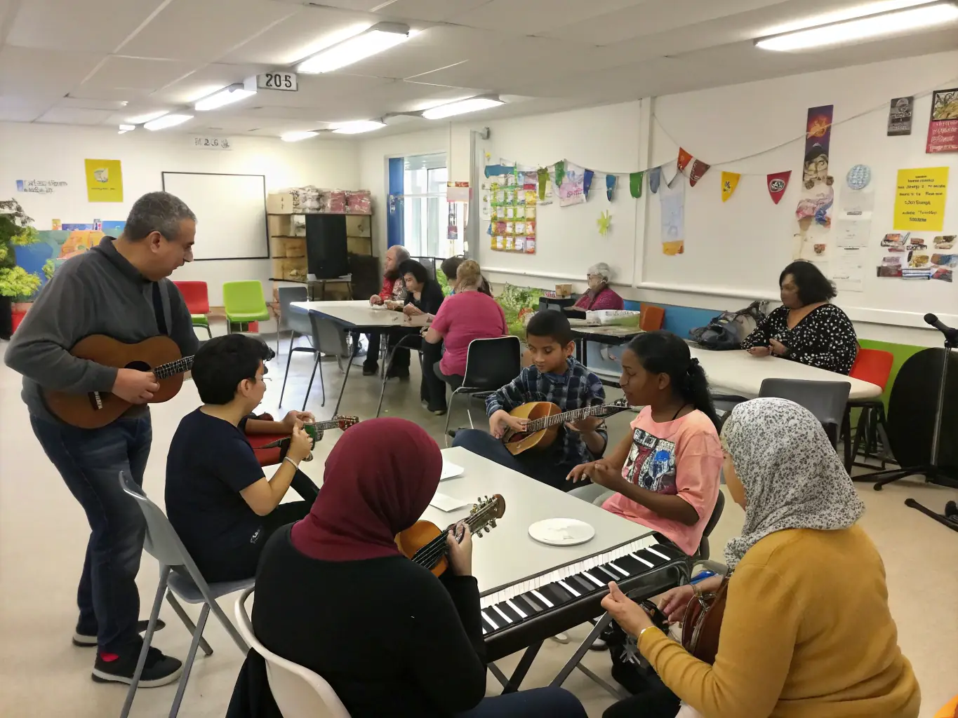 A group of children and adults gathered in a sunlit community hall, participating in a hands-on singing and music workshop, with musical instruments and sheet music visible, capturing the spirit of artistic education and joyful learning.