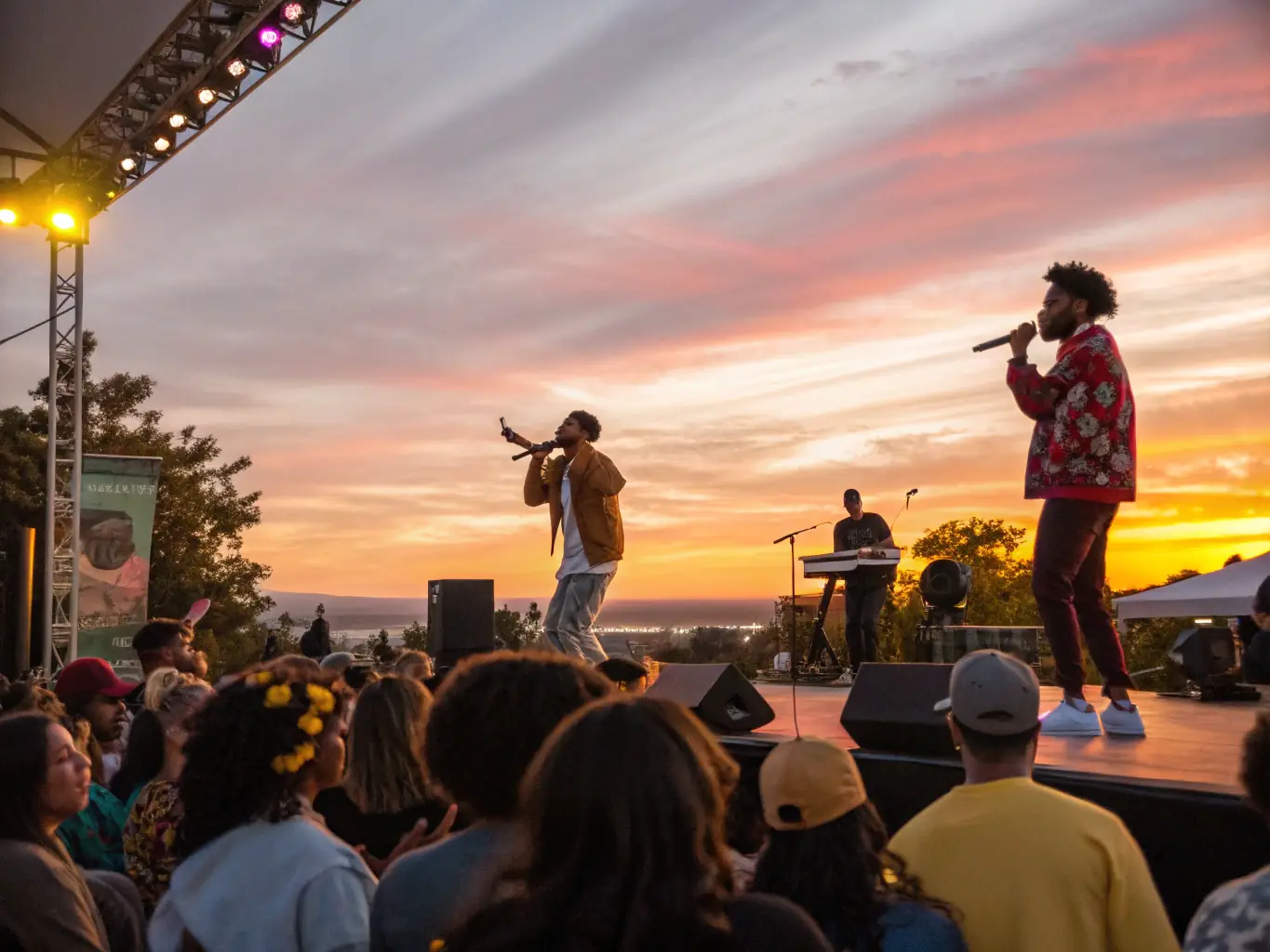 A lively outdoor stage set in a village square, with local musicians and singers performing for an enthusiastic, diverse audience, colorful banners and evening lights creating a festive, welcoming ambiance.