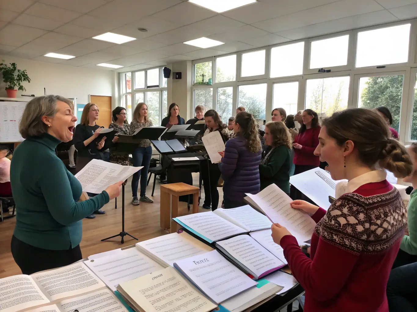 A group of children and adults of various ages gathered in a bright community hall, participating in a hands-on singing and music workshop, with musical instruments and sheet music visible, conveying a joyful and inclusive learning atmosphere.
