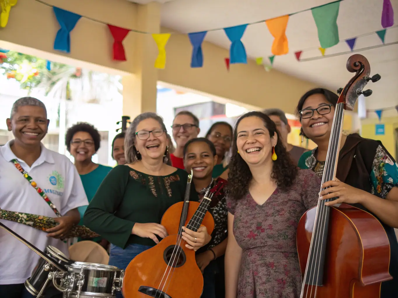 A bright, inviting photo of a multigenerational group gathered in a sunlit community hall, playing various musical instruments and singing together, with visible joy and engagement, representing a FESTIVILLAGE music workshop.