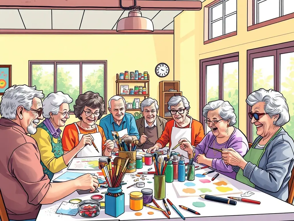 A group of seniors and youth collaborating on an art project in a cozy community center, surrounded by paintings and crafts, highlighting intergenerational exchange and cultural inclusion.