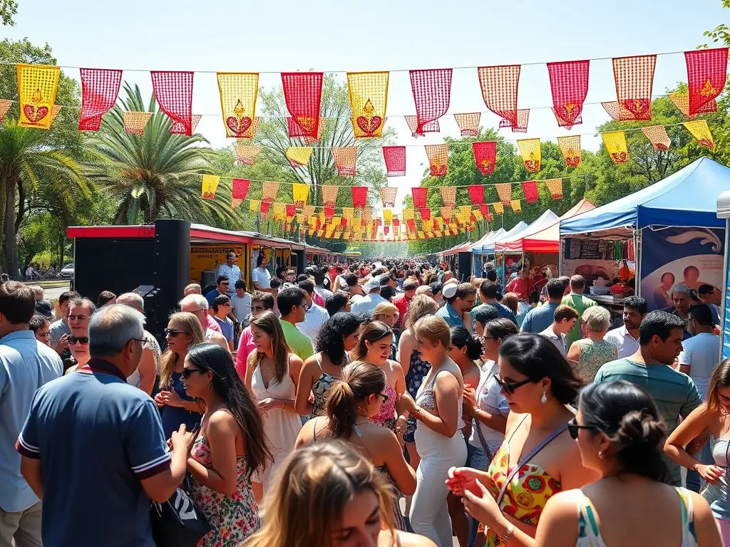 A lively outdoor cultural festival scene with people of diverse ages enjoying traditional dances, food stalls, and art displays, set against colorful banners and a festive atmosphere, illustrating community participation and cultural celebration.