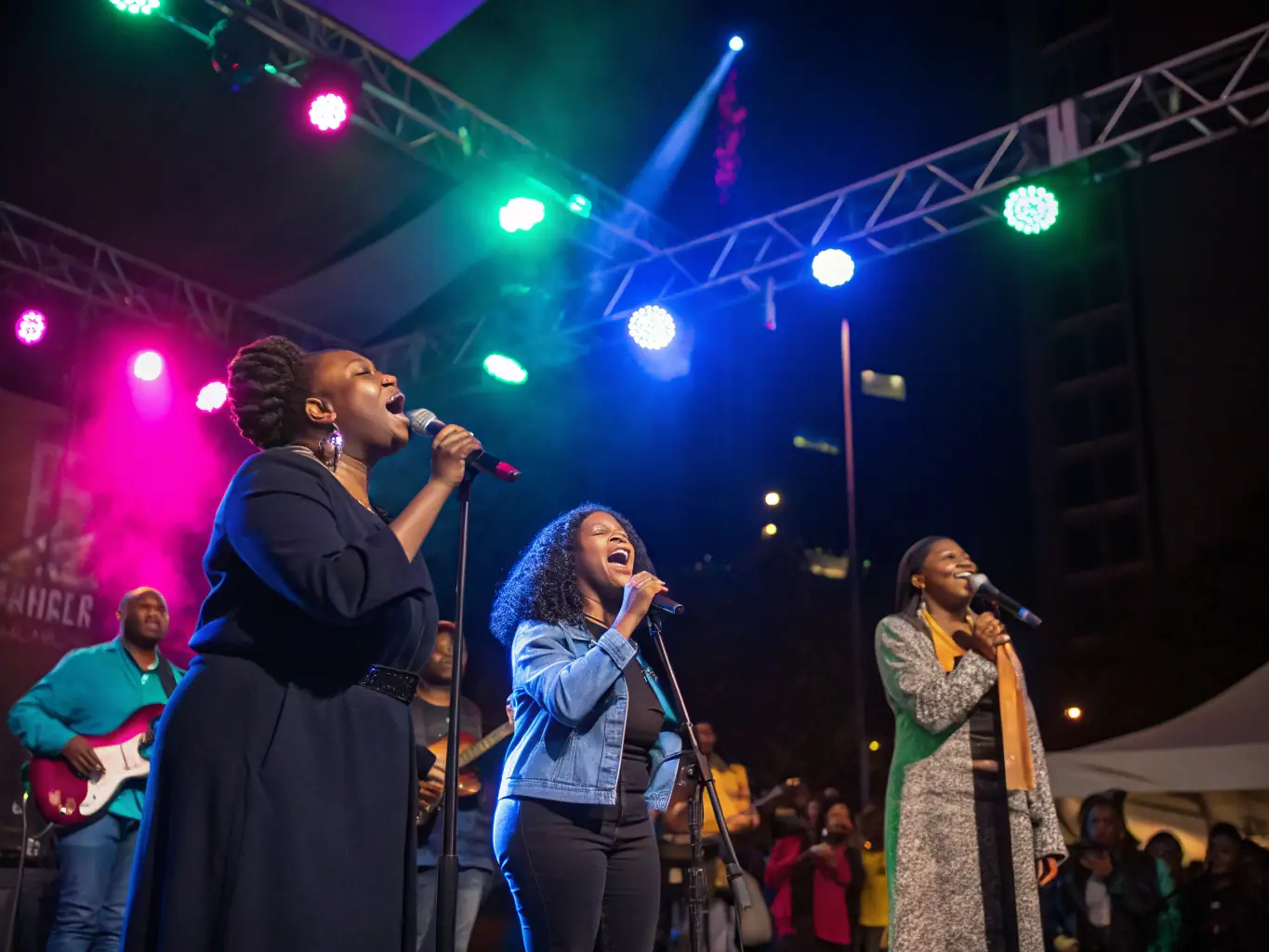 A professional stage photo of a diverse choir and musicians performing under warm lights, with an attentive audience, showcasing the energy and inclusivity of a FESTIVILLAGE public performance.